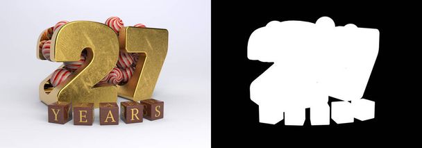 Projeto de celebração de aniversário número 27 (número vinte e sete) com balas redondas e os anos de inscrição de cubos em um fundo branco com sombra e canal alfa. Ilustração 3D
 - Foto, Imagem