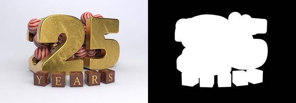 Diseño de celebración del 25 aniversario (número veinticinco) con caramelos redondos y los años de inscripción de cubos sobre un fondo blanco con sombra y canal alfa. Ilustración 3D - Foto, imagen
