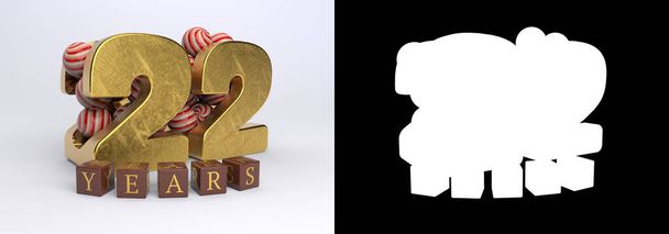 Nummer 22 (Nummer zweiundzwanzig) Jubiläumsfeier Design mit runden Bonbons und der Inschrift Jahre aus Würfeln auf weißem Hintergrund mit Schatten und Alphakanal. 3D-Illustration - Foto, Bild