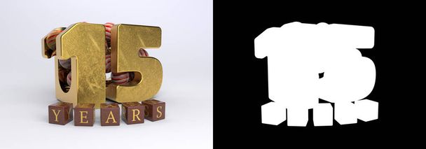 Numero 15 (numero quindici) disegno celebrazione anniversario con caramelle rotonde e gli anni di iscrizione da cubi su uno sfondo bianco con ombra e canale alfa. Illustrazione 3D - Foto, immagini