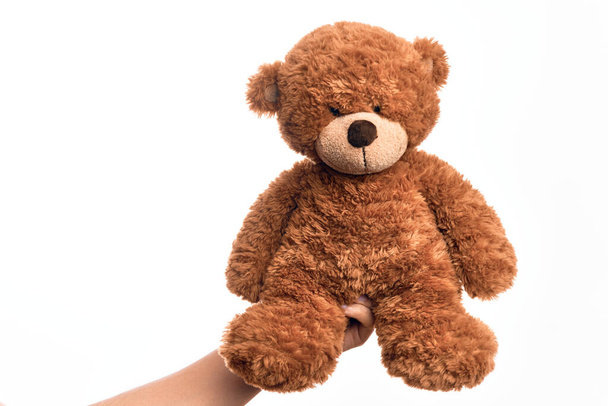 Hand of caucasian young man holding cute brown teddy bear doll over isolated white background - Photo, image