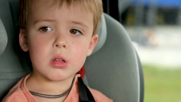 Σοβαρό παιδί που κάθεται σε κάθισμα αυτοκινήτου - Πλάνα, βίντεο