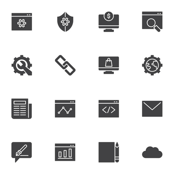 Marketing and SEO vector icons set, modern solid symbol collection, digital marketing filled style pictogram pack. Signs, logo illustration. Set includes icons as website code, settings, copywriting - Vecteur, image