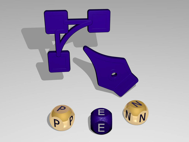 3D grafický obraz PEN svisle spolu s textem kolem ikony kovovými krychlovými písmeny z horní perspektivy, vynikající pro koncepční prezentaci a prezentace. ilustrace - Fotografie, Obrázek