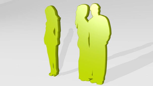 žena oddělená od ostatních stojí se stínem. 3D ilustrace kovové plastiky na bílém pozadí s jemnou texturou. krásná a mladá - Fotografie, Obrázek