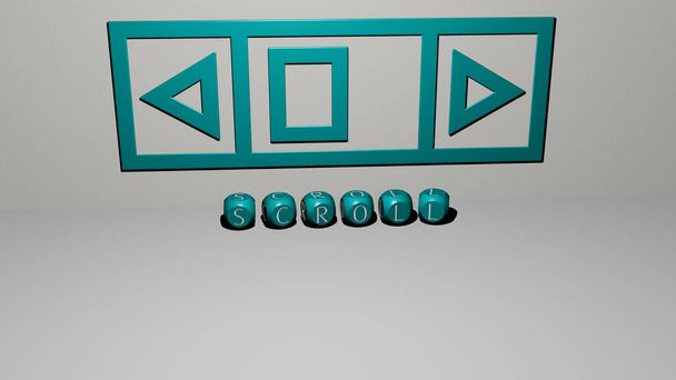 Representación 3D de pergamino con icono en la pared y texto dispuesto por letras cúbicas metálicas en un piso espejo para el significado del concepto y presentación de diapositivas. ilustración y fondo - Foto, imagen