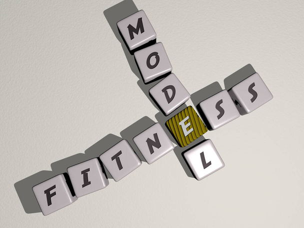 сочетание FITNESS MODEL построено кубическими буквами с верхней точки зрения, отлично подходит для презентации концепции. упражнения и женщина - Фото, изображение