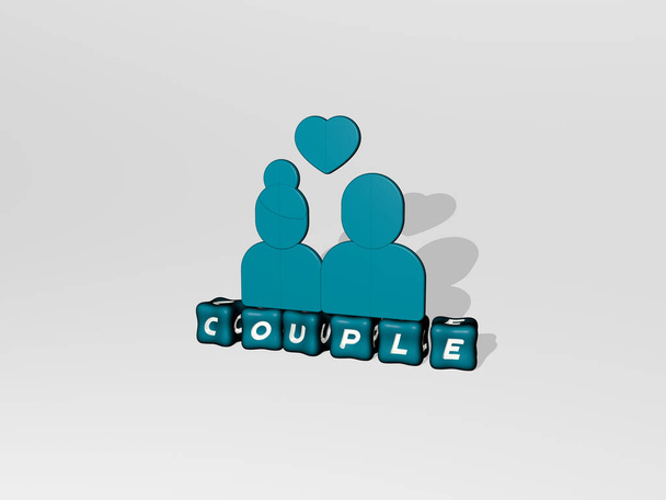 3D graphical image of couple vertically along with text built by metallic cubic letters from the top perspective, excellent for the concept presentation and slideshows. happy and beautiful - Photo, Image