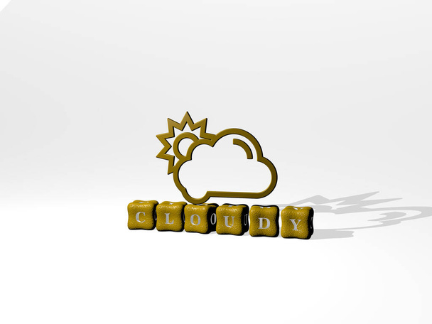 3D-Illustration von wolkenverhangenen Grafiken und Texten, die durch metallische Würfelbuchstaben für die damit verbundenen Bedeutungen des Konzepts und der Präsentationen hergestellt werden. Himmel und Blau - Foto, Bild