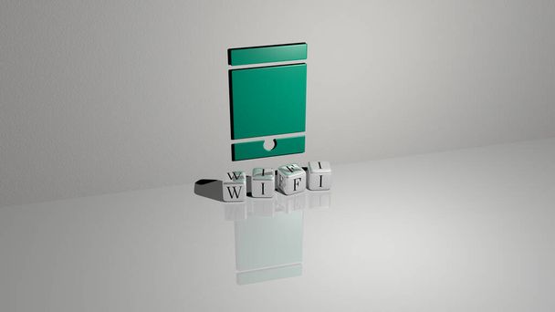 Image graphique 3D du wifi verticalement avec texte construit par des lettres cubiques métalliques du point de vue du haut, excellent pour la présentation du concept et des diaporamas. illustration et icône - Photo, image