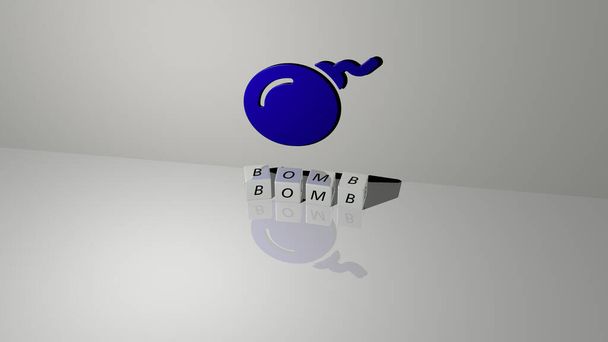 Rappresentazione 3D di BOMB con icona sulla parete e testo disposto a lettere metalliche cubiche su un pavimento a specchio per il significato concettuale e la presentazione di slideshow. illustrazione e sfondo - Foto, immagini