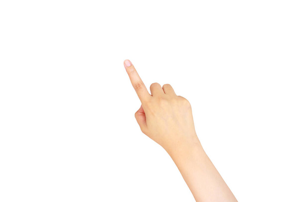 asiática mão feminina tocando, apontando para algo isolado no fundo branco
 - Foto, Imagem