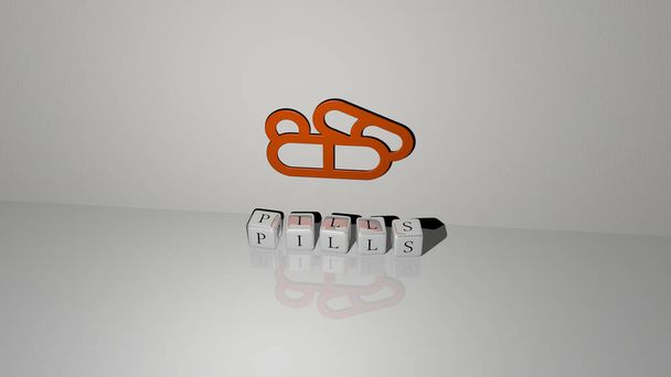 3D illustratie van PILLS graphics en tekst gemaakt door metalen dobbelstenen letters voor de gerelateerde betekenissen van het concept en presentaties. achtergrond en geneeskunde - Foto, afbeelding