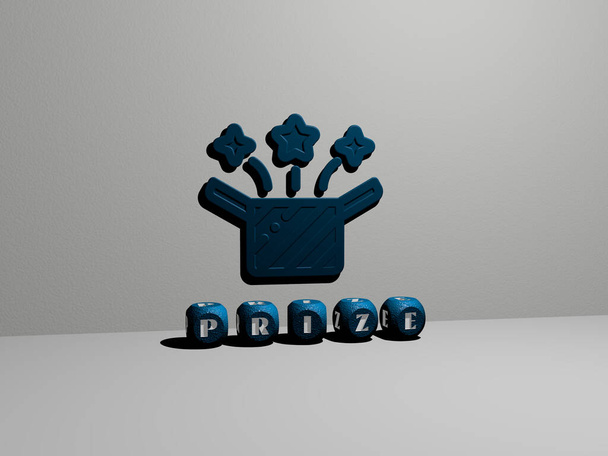 Representación 3D de PREMIO con icono en la pared y texto dispuesto por letras cúbicas metálicas en un piso espejo para el significado del concepto y presentación de diapositivas. ilustración y premio - Foto, imagen