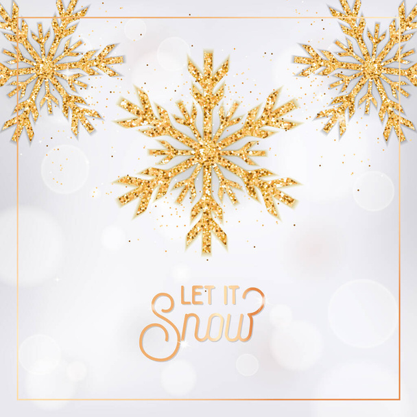 Xmas or New Year Postcard, Invitation Flyer or Promo Brochure Design. Elegant Merry Christmas Card with Gold Snow Flakes - Вектор, зображення
