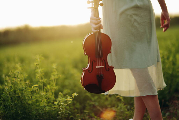 Violino nas mãos de uma jovem violinista ao pôr-do-sol. Conceito de treinamento de violino
 - Foto, Imagem