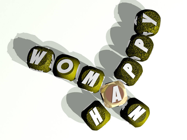 Kombination aus glücklicher Frau aus kubischen Buchstaben von oben, hervorragend für die Konzeptpräsentation. Hintergrund und Illustration - Foto, Bild