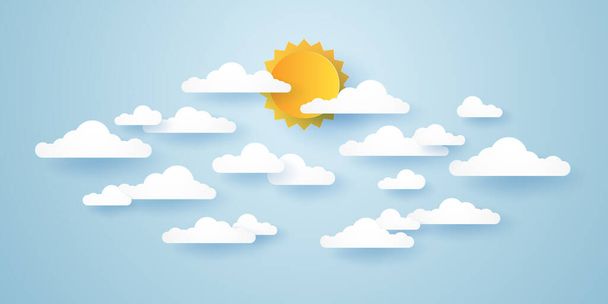 Облачный пейзаж, голубое небо с облаками и солнцем, стиль бумажного искусства - Вектор,изображение