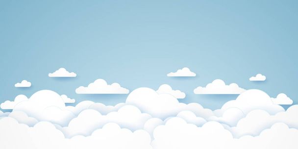 Облачный пейзаж, голубое небо с облаками, стиль бумажного искусства - Вектор,изображение