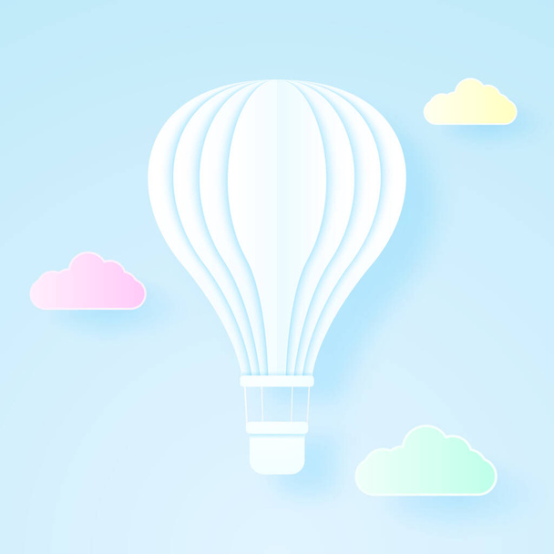 Beyaz sıcak hava balonu mavi gökyüzünde uçuyor. Renkli bulut, kağıt sanat tarzı. - Vektör, Görsel