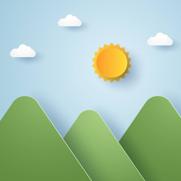 太陽と空の背景を持つ自然山、紙の芸術スタイル - ベクター画像
