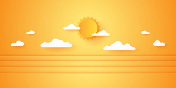 Summer Time, Cloudscape, cloudy sky with bright sun, paper art style - Vector, Imagen