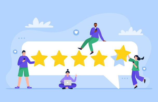 People are giving five stars for product, service. Customer satisfaction ratings and feedback. User experience feedback concept. Trendy vector flat illustration. - Vector, Image
