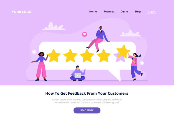 Landing page template with rating concept. People are giving evaluations for product, service. Customer satisfaction ratings and feedback. Trendy vector flat illustration. - Vector, Image