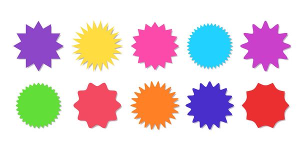 Set de pegatinas Starburst - colección de coloridas etiquetas y botones de Sunburst redondos en forma de oferta especial. - Vector, imagen