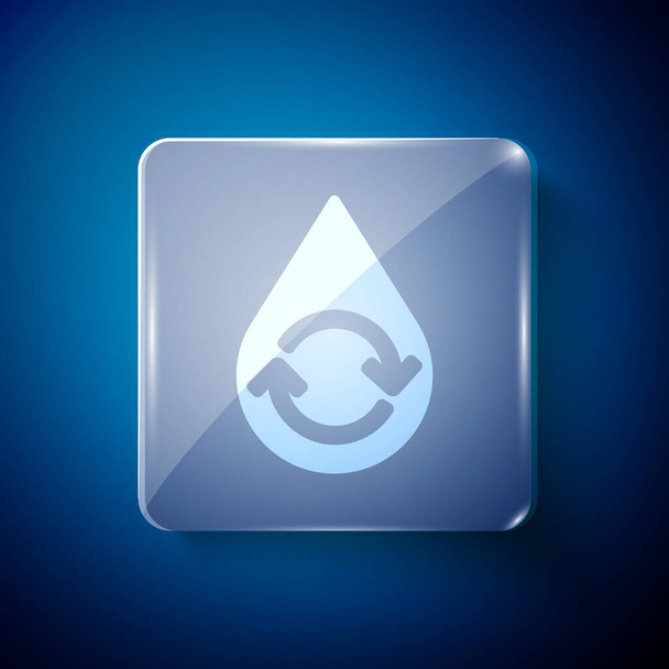 White Recycle clean aqua icon isolated on blue background. Drop of water with sign recycling. Square glass panels. Vector Illustration - Vector, Image