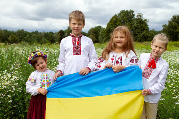 Vier schön lächelnde Kinder in bestickten Hemden halten auf einem Margeritenfeld die gelb-blaue Fahne der Ukraine hoch. Zwei Jungen und zwei Mädchen sind eine glückliche ukrainische Familie.  - Foto, Bild