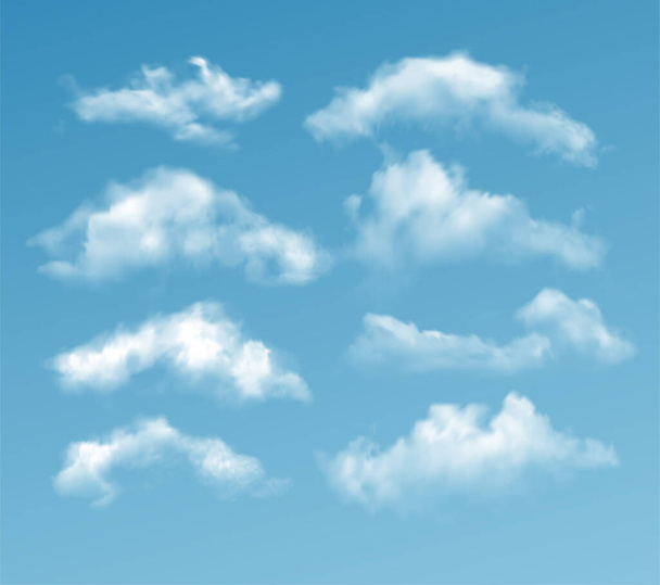Conjunto de diferentes nubes transparentes aisladas sobre fondo azul. Efecto de transparencia real. Ilustración vectorial - Vector, imagen