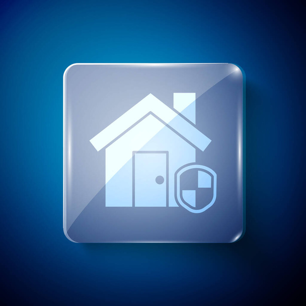 Valkoinen talo suojelussa kuvake eristetty sinisellä pohjalla. Koti ja kilpi. Suojelu, turvallisuus, suojaus, puolustus. Neliön lasipaneelit. Vektorikuvaus - Vektori, kuva