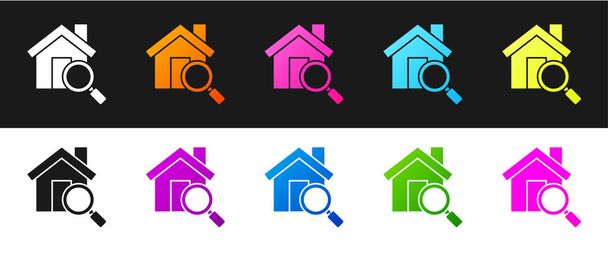 Zestaw Szukaj ikona domu izolowane na czarno-białym tle. Symbol nieruchomości domu pod szkłem powiększającym. Ilustracja wektora - Wektor, obraz