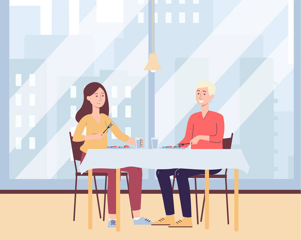 Couple characters on vacations visiting restaurant, flat vector illustration. - Vektör, Görsel