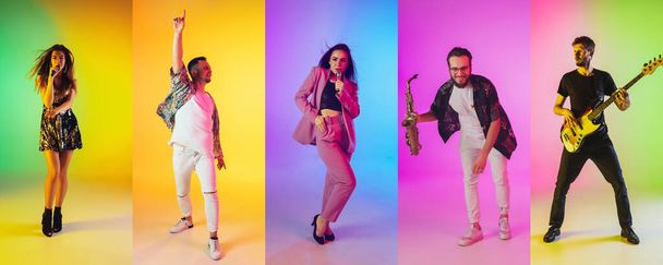 Collage of portraits of young musicians on multicolored background in neon - Fotó, kép