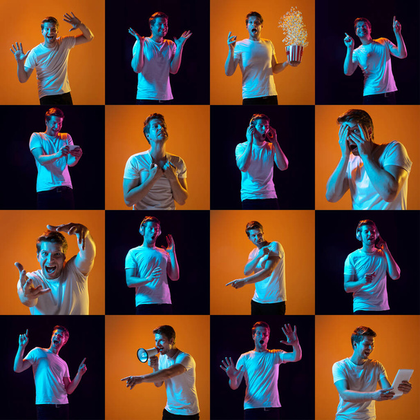 Collage of portraits of young man on multicolored background in neon - Foto, Bild