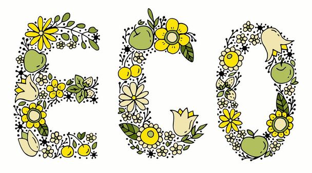 Eco lettering. Letters from fruits, flowers and leaves. Textured silhouette. White background, isolator. Stock illustration. - Vektör, Görsel