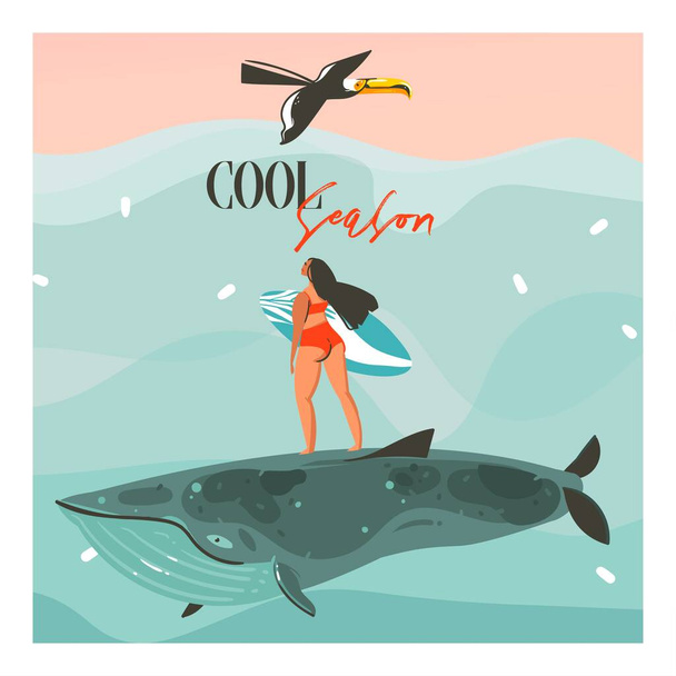Ręcznie rysowane wektor abstrakcyjny kreskówka lato grafika ilustracje szablon karty z surfing dziewczyna, tukan ptak na niebieskie fale i nowoczesne typografia Cool Sezon odizolowany na różowy zachód słońca tło - Wektor, obraz