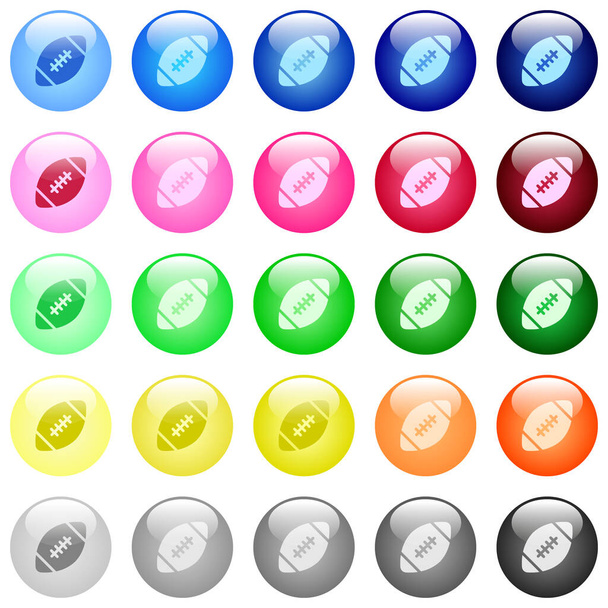 Symbole für Rugby-Ball im Set mit 25 farbig glänzenden, kugelförmigen Knöpfen - Vektor, Bild
