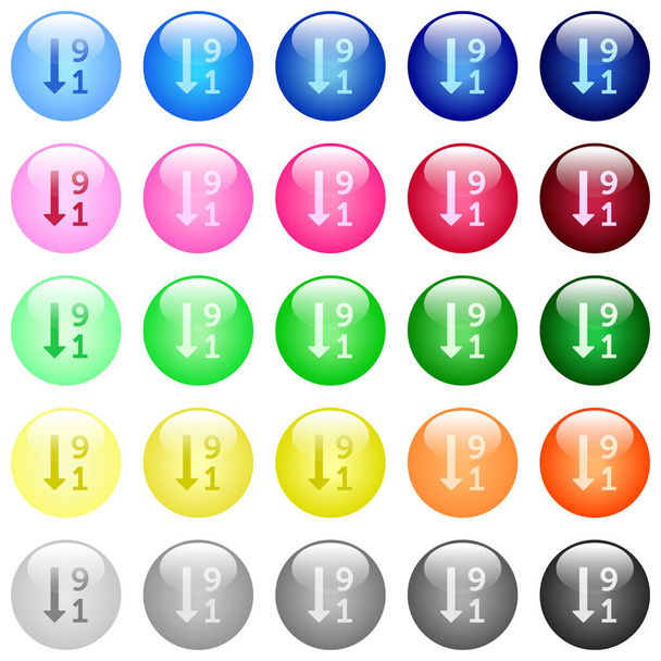 Absteigende nummerierte Listensymbole im Set mit 25 farbig glänzenden, kugelförmigen Knöpfen - Vektor, Bild