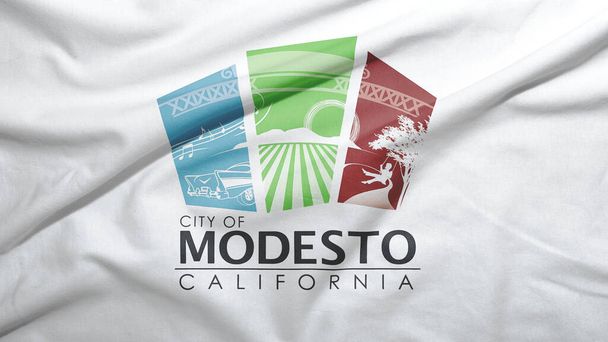 Modesto da Califórnia dos Estados Unidos bandeira no fundo textura tecido
 - Foto, Imagem