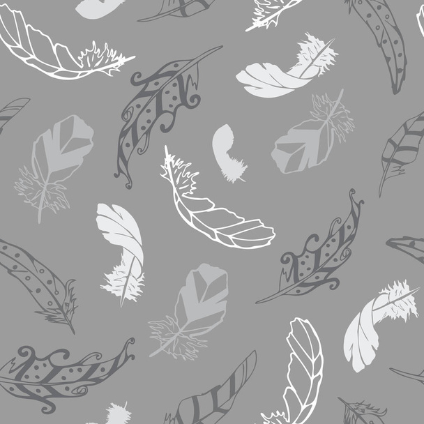 Vector grijs met veren uit de Feather Flight Collection naadloze patroon achtergrond. Beschikt over verschillende veren in grijswaarden om een getextureerde naadloze achtergrond te creëren. Goed voor decor, beddengoed, verpakking - Vector, afbeelding