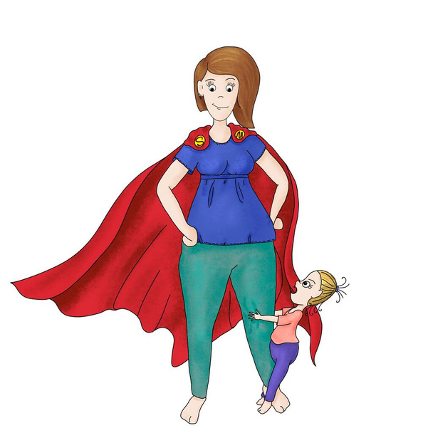 Illustrazione cartone animato di supermamma con figlioletta. Donna forte che indossa l'allattamento al seno T-shirt e rosso mantello supereroe con giovane ragazza che richiede la sua attenzione. Immagine digitale bella isolata su bianco. - Foto, immagini
