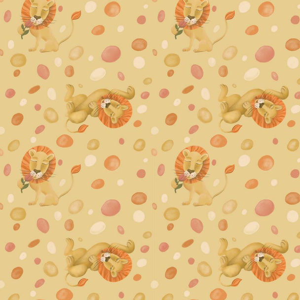 Patrón sin costura de dibujos animados de leones pintados en colores pastel dorado  - Foto, imagen