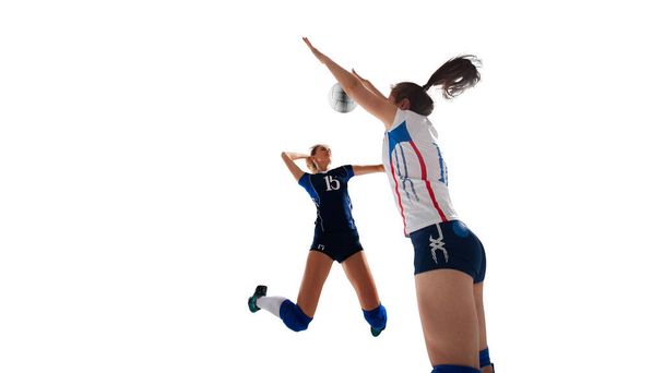 Profi-Volleyballerinnen in Aktion auf weißem Untergrund - Foto, Bild