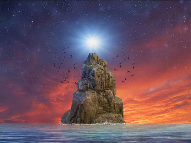 Balerína v paprscích světla stojí na mořské skále, kolem níž krouží hejno vrán. Mezitím západ slunce - Fotografie, Obrázek