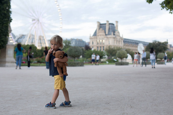 Little toddler child, blond boy, visiting Paris during summertime - Foto, imagen