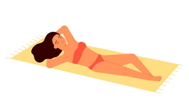 Νεαρή γυναίκα κάνει ηλιοθεραπεία με κόκκινο μαγιό. Το κορίτσι ξαπλώνει στο χαλάκι και κάνει ηλιοθεραπεία. Θερινό μαύρισμα. Διανυσματική επίπεδη απεικόνιση - Διάνυσμα, εικόνα