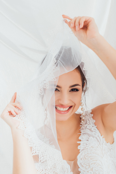 Foco seletivo da noiva no vestido de noiva segurando véu e olhando para a câmera perto de pano branco
  - Foto, Imagem